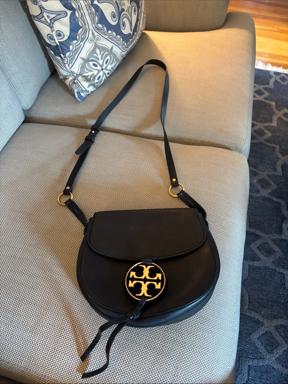Tory Burch Black Leather Saddle Crossbody with Gold Logo Medallion